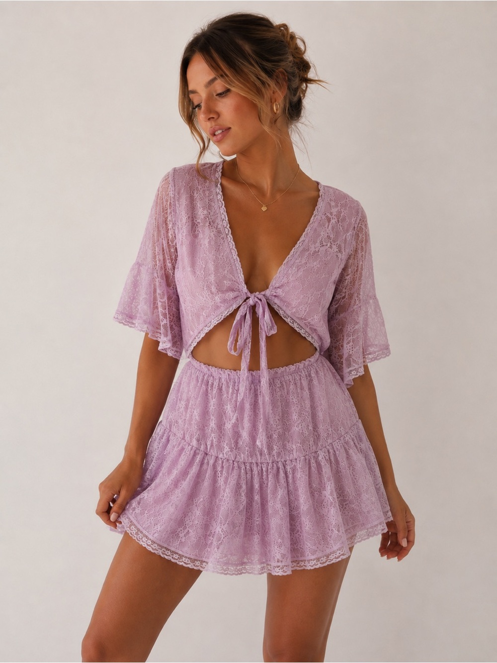 Free People Lavender Lace Tie-Front Mini Dress Set